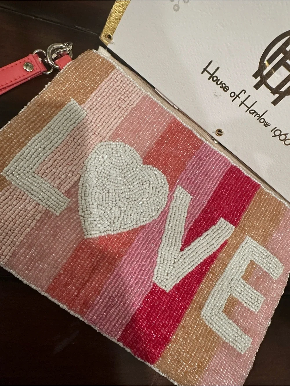 House of Harlow 1960 Pink & Coral Striped 'LOVE' Beaded Wristlet